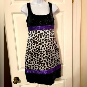 Kathryn Conover Cocktail Dress SZ 2 Black White Purple Sequin Satin Fit & Flare